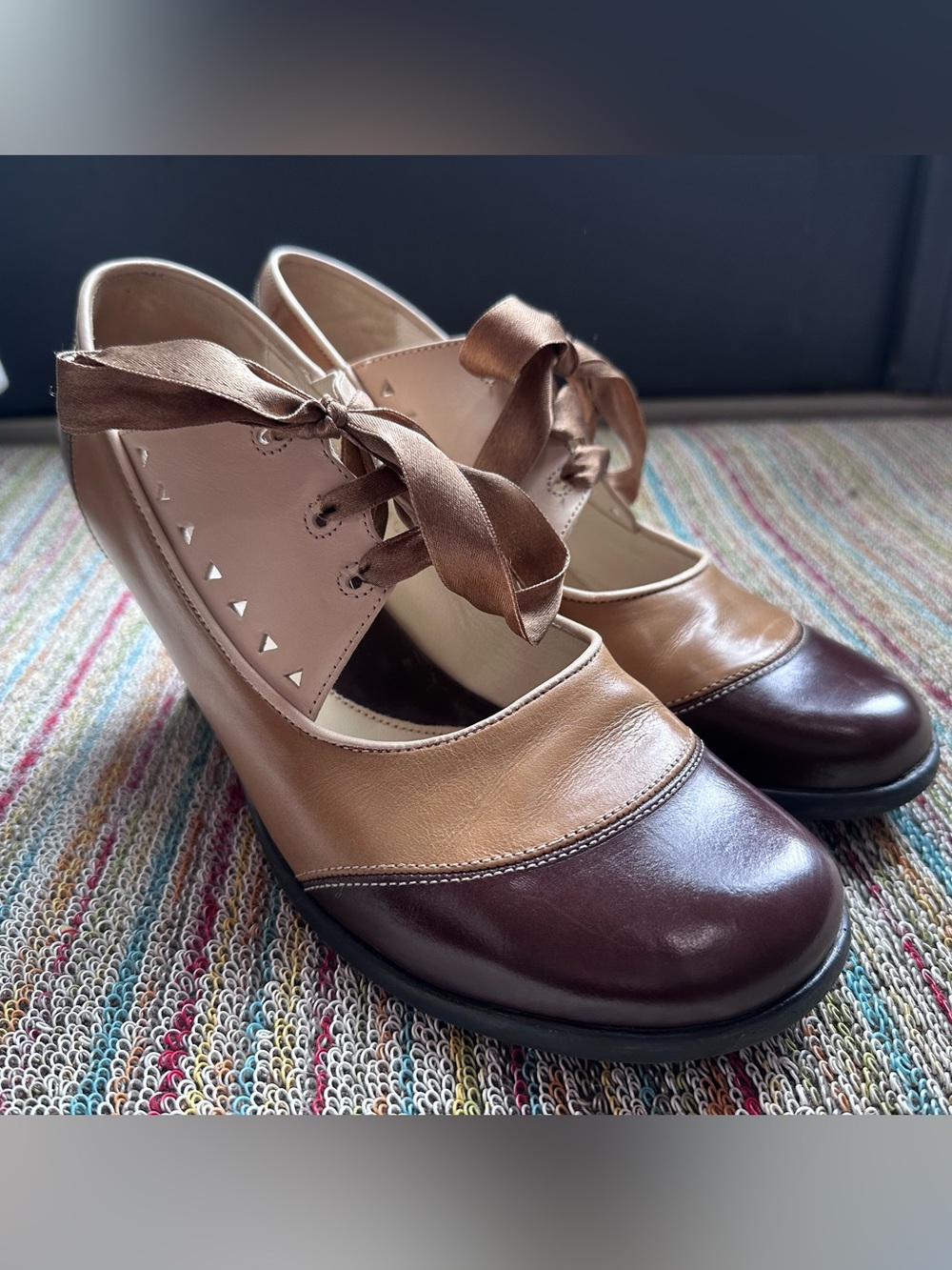 Fluevog VINT. EXCELLENT Fellowship Hi Lucille brown color block ribbon heel -10